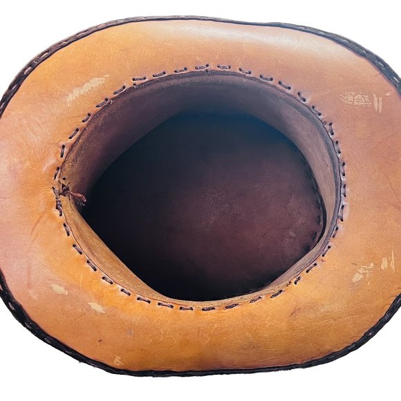 Vintage Handstitched Tan Leather Top Hat with Velvet Trim, Unique Steampunk - Picture 5 of 7